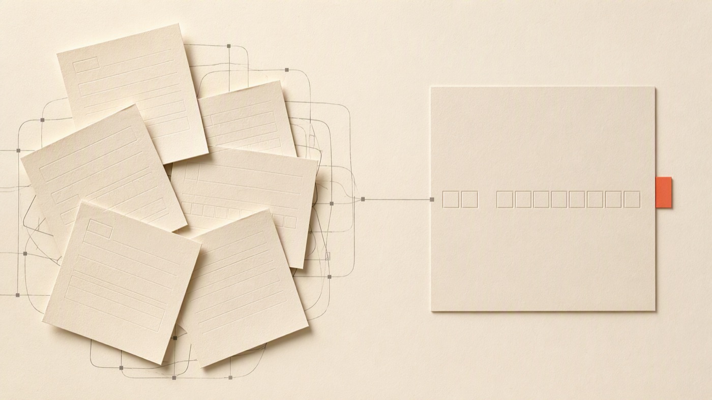 A disordered pile of forms resolving into one clean, aligned sheet