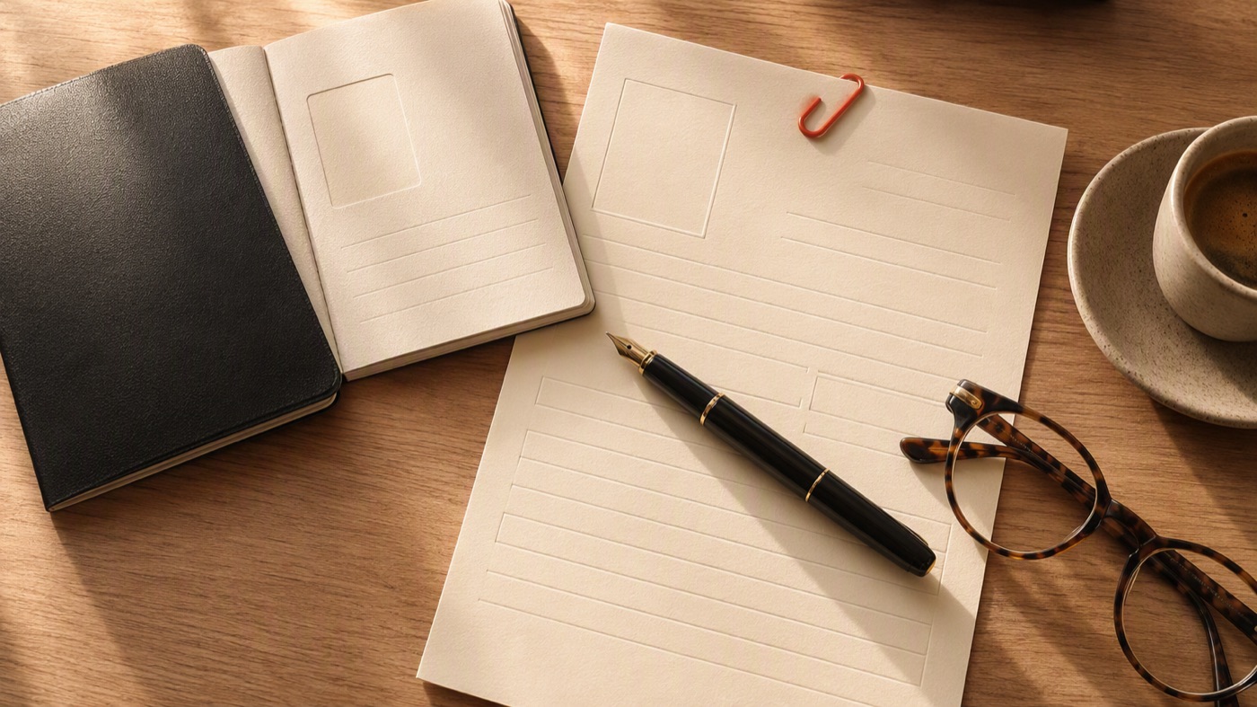 An open passport, a blank application form with a coral clip, a fountain pen and reading glasses on a wooden desk
