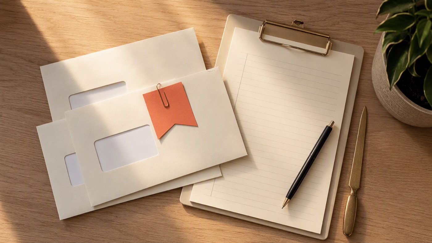 A stack of official envelopes with a coral flag, a clipboard and a letter opener on a wooden desk