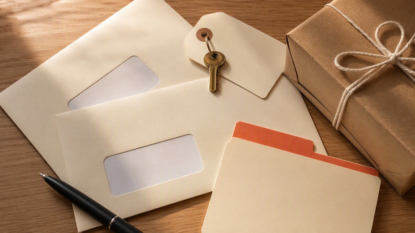 A brass mailbox key, cream envelopes, a small parcel and an address card with a coral tab on a wooden desk