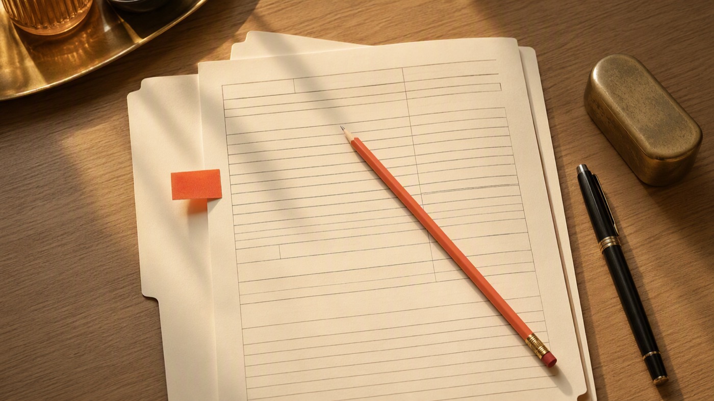 Two filing sheets, a coral pencil, a coral flag marking one line and a pen on a wooden desk