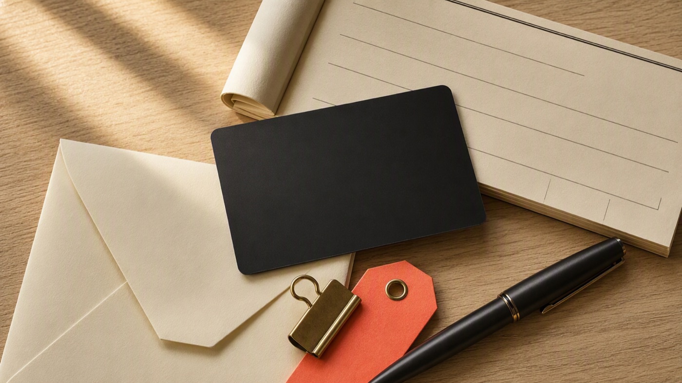 A blank matte black bank card, a cheque slip, a pen and a coral-tagged clip on a wooden desk