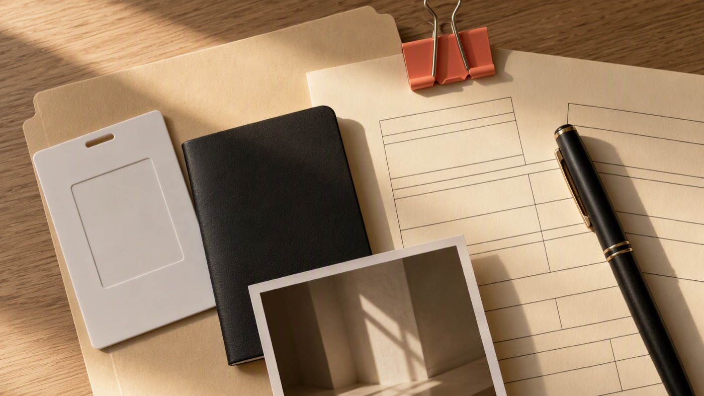 A folder holding an identity card, a closed passport and a form with a coral clip on a wooden desk