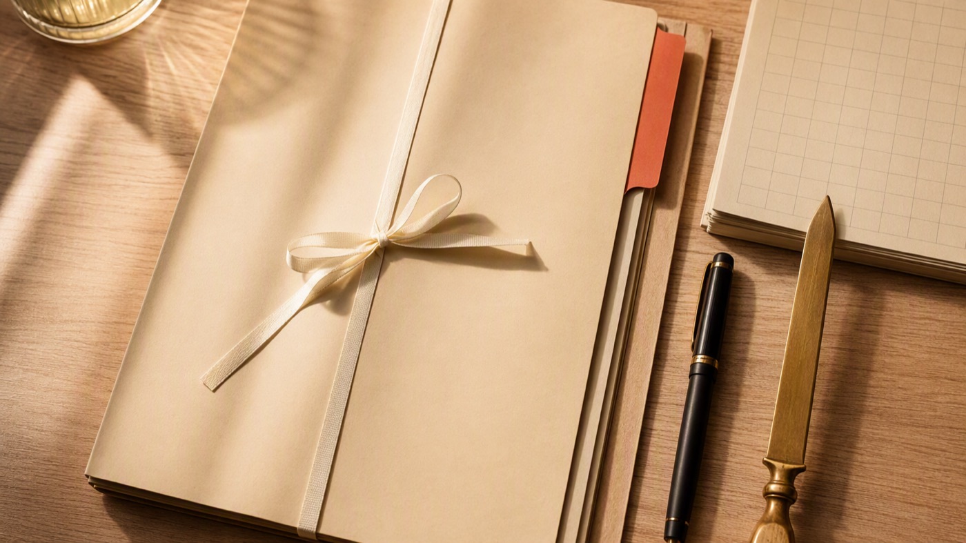 A document folder tied shut with a ribbon, a coral tab, a stack of papers and a letter opener on a wooden desk