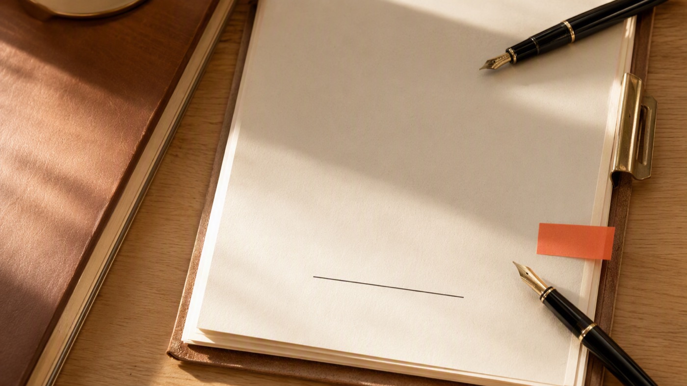 A bound agreement with a signature line, two fountain pens and a coral sign-here flag on a wooden desk