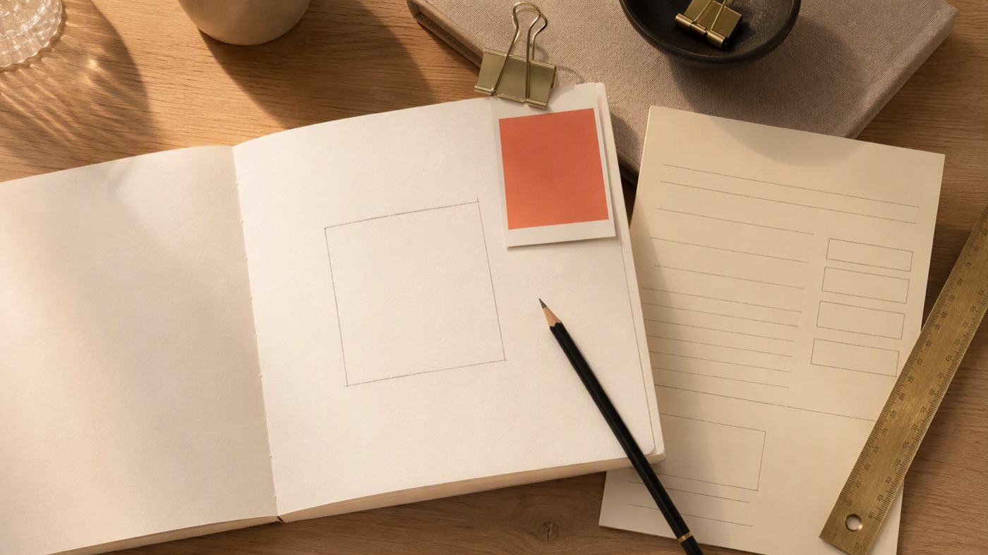 An open sketchbook with a blank mark, a coral colour swatch, a ruler and a registration form on a wooden desk